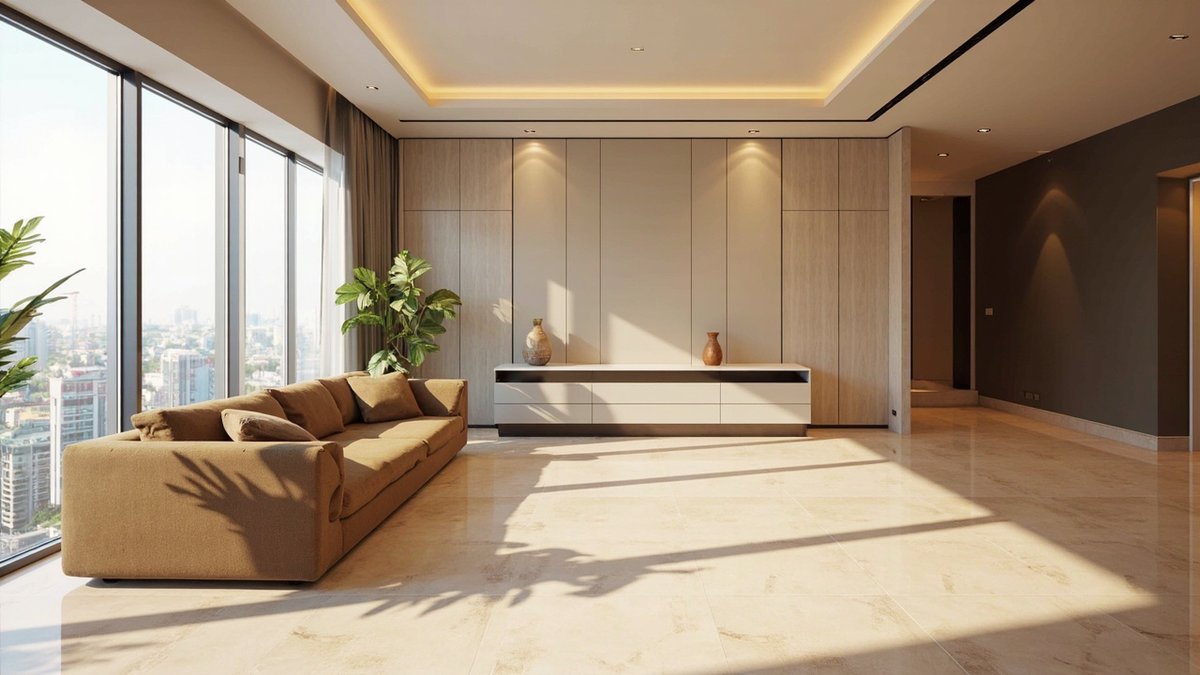 Illustrative concept design: premium condo living room with a marble-look porcelain floor, a camel sofa and closed oak cabinets