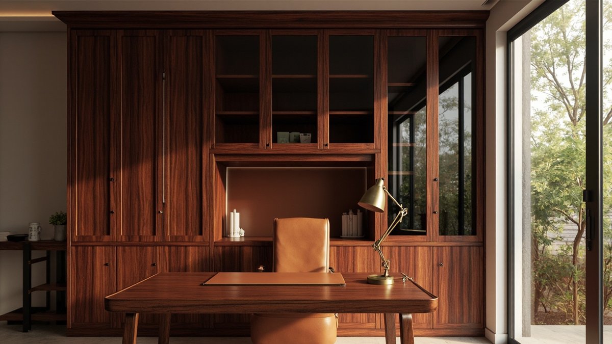 Illustrative concept design: private study with full-height rosewood-tone cabinetry, a leather-topped desk and a brass lamp