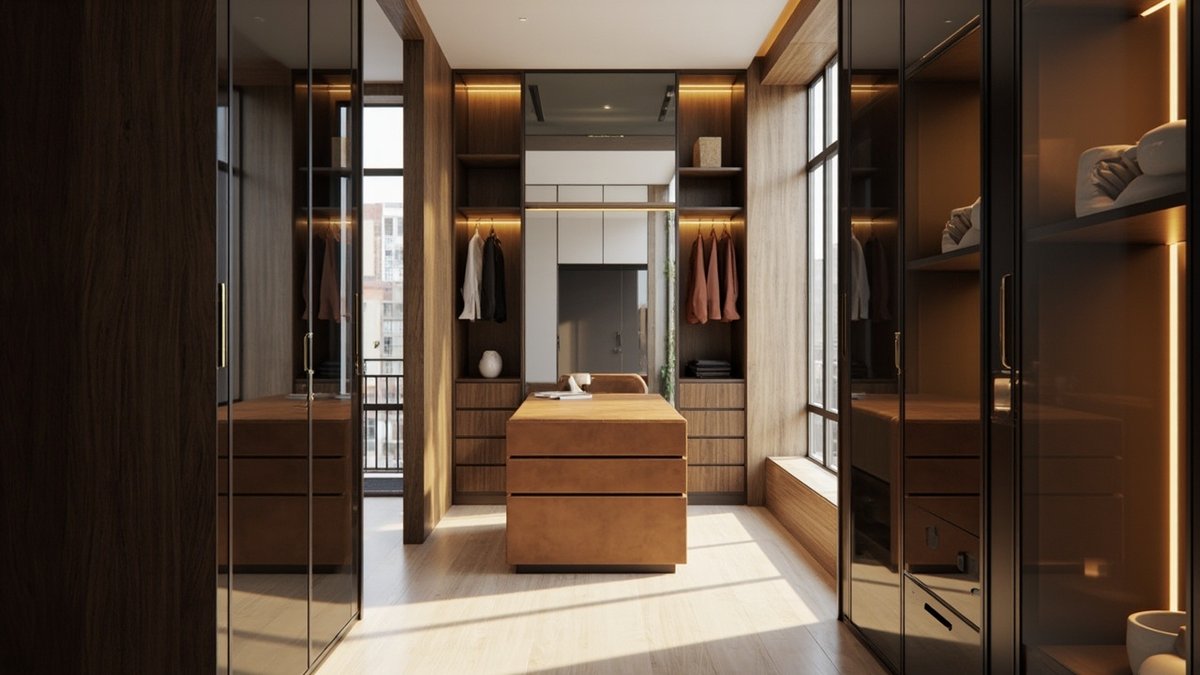Illustrative concept design: walk-in dressing room with lit smoked oak and dark glass wardrobes and a leather-topped island