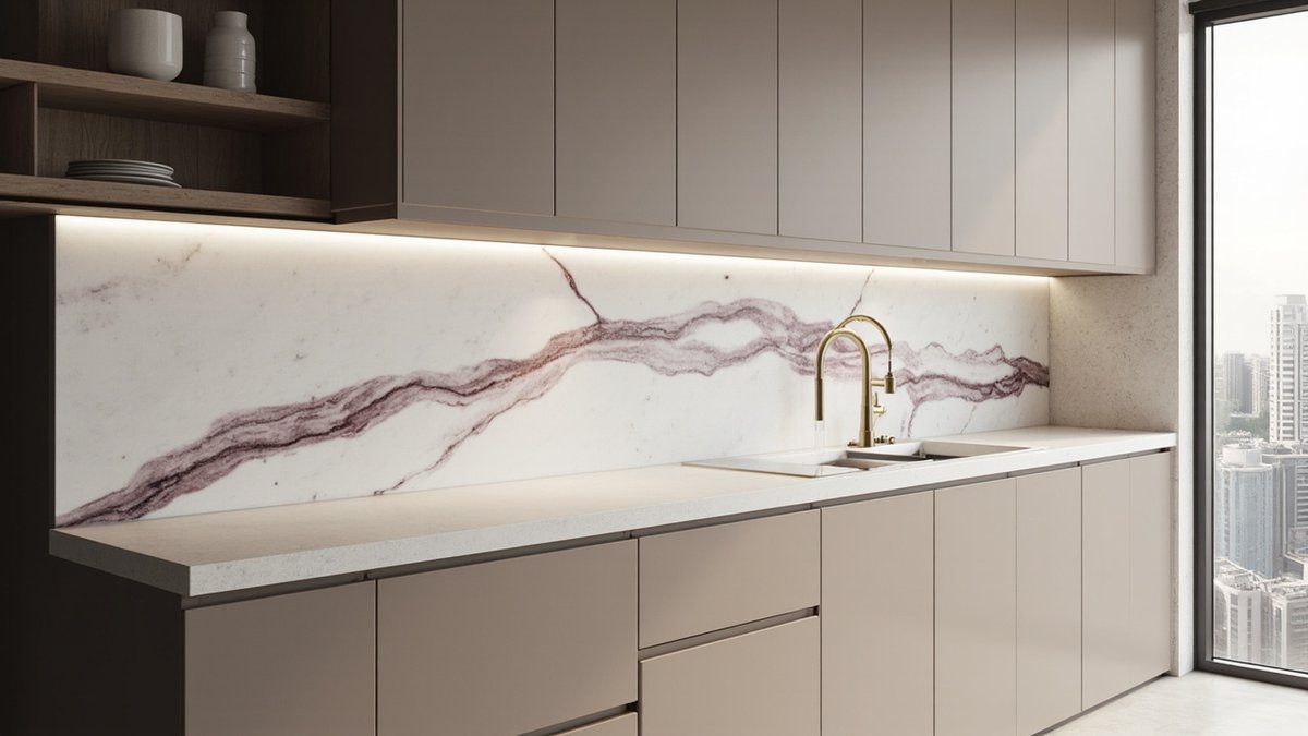 Illustrative concept design: dry kitchen with matt taupe handle-less doors and a white marble backsplash with a violet vein