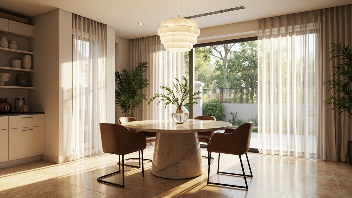 Illustrative concept design: semi-D dining room with a round travertine table, tan leather chairs and a tiered pendant