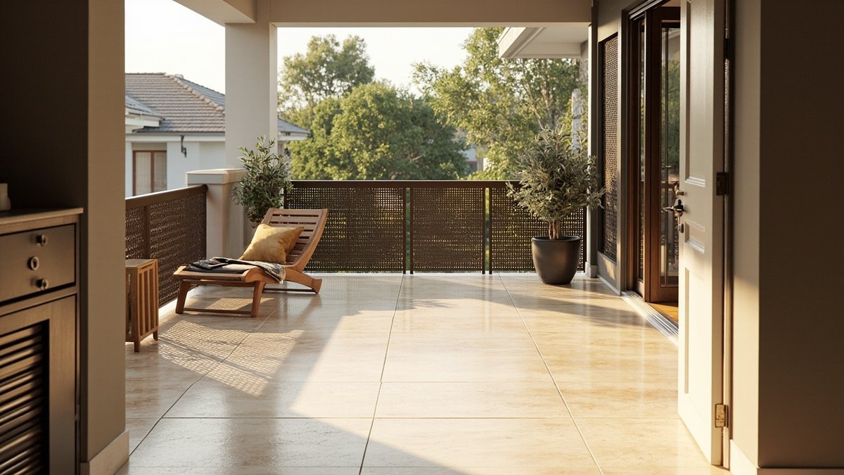 Illustrative concept design: covered balcony with travertine-look tiles, a teak lounger and bronze perforated panels