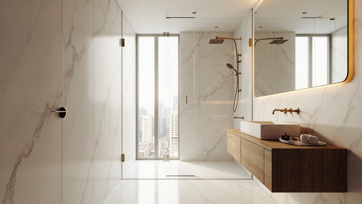 Illustrative concept design: master bathroom with warm white marble walls, a brass rain shower and a floating walnut vanity