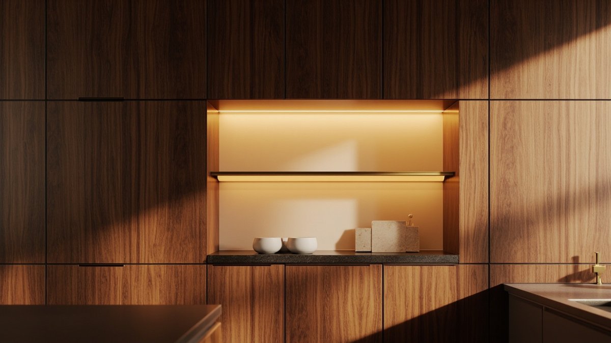 Ilustrasi konsep reka bentuk: niche berlampu hangat dalam dinding kabinet tinggi walnut dengan rak tembaga nipis, mangkuk putih dan blok batu pucat