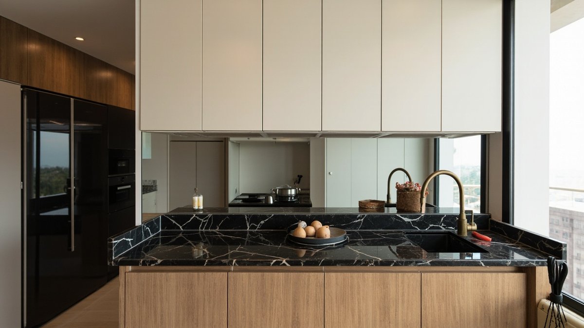 Ilustrasi konsep reka bentuk: semenanjung dapur kondo dengan table top batu hitam berurat, pintu bawah venir oak, kabinet dinding krim tanpa pemegang dan paip emas matte