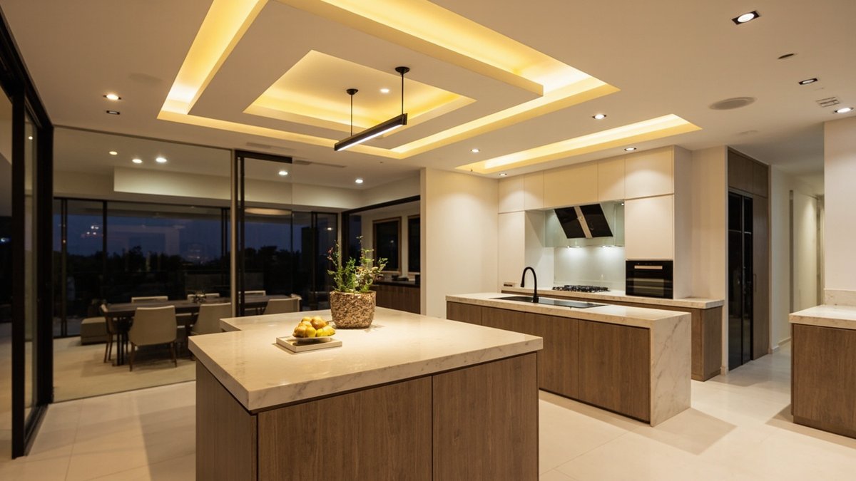 Ilustrasi konsep reka bentuk: dapur dengan siling plaster bertingkat dan lampu cove suam di atas island batu krim berurat bertapak kayu di bawah lampu pendant linear hitam