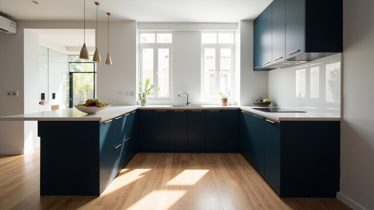 Ilustrasi konsep reka bentuk: dapur berbentuk u dengan semenanjung berpintu biru laut gelap matte, pemegang bar champagne, table top putih dan tiga lampu pendant loyang