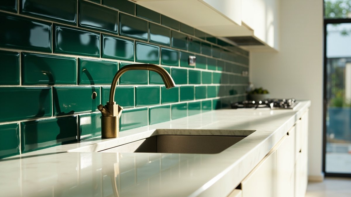 Ilustrasi konsep reka bentuk: backsplash jubin subway hijau zamrud berkilat corak bata di belakang table top batu putih, pili tembaga dan kabinet krim