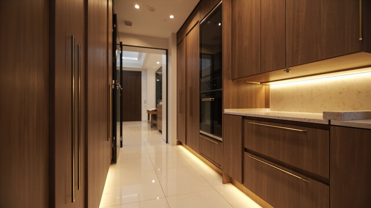 Ilustrasi konsep reka bentuk: dapur galley dengan kabinet venir walnut dari lantai ke siling, pemegang bar menegak panjang, oven terbina dalam dan lampu suam di bawah kabinet