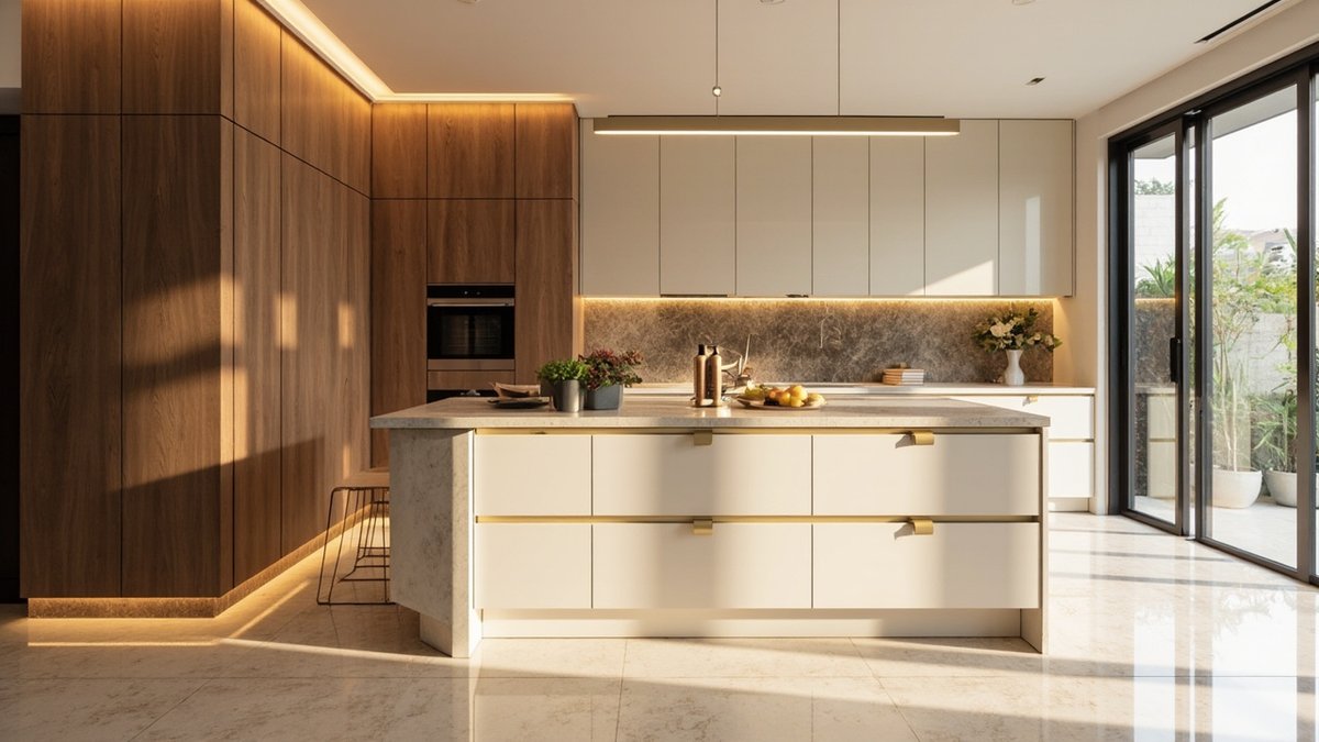 Ilustrasi konsep reka bentuk: dapur kering dengan kabinet tinggi walnut hingga siling, island krim bertrim loyang, kabinet dinding krim dan lampu pendant linear di tepi pintu kaca