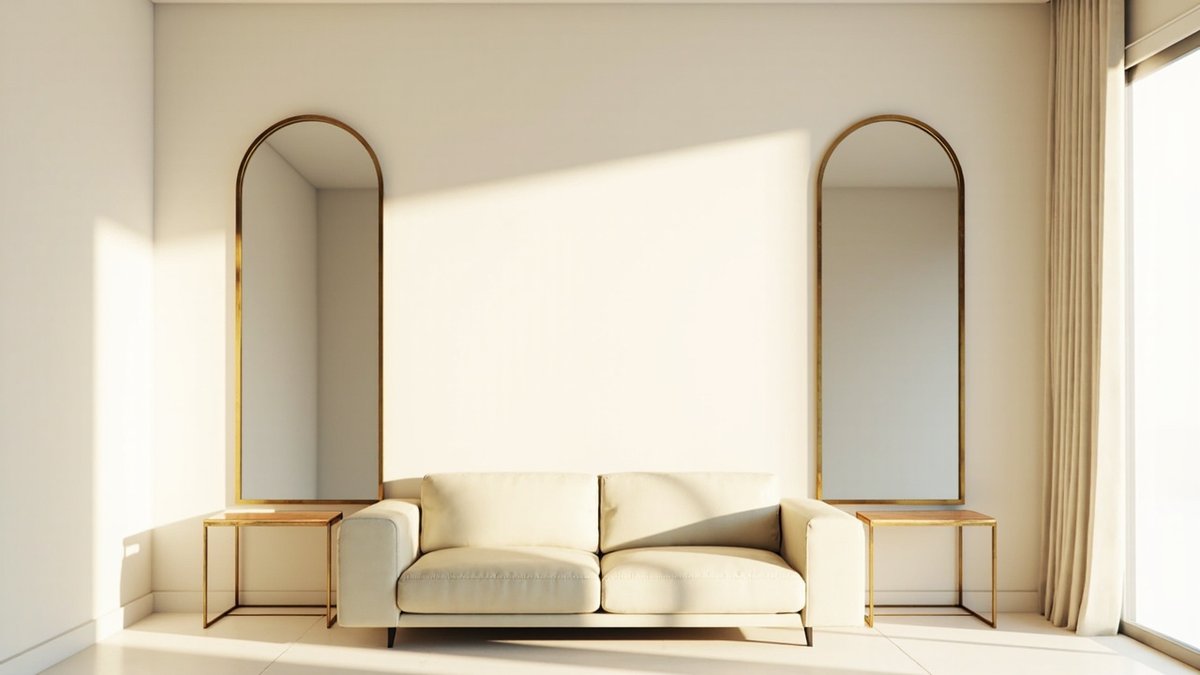 Illustrative concept design: two tall brass-edged arched mirrors with slim side tables either side of a cream sofa