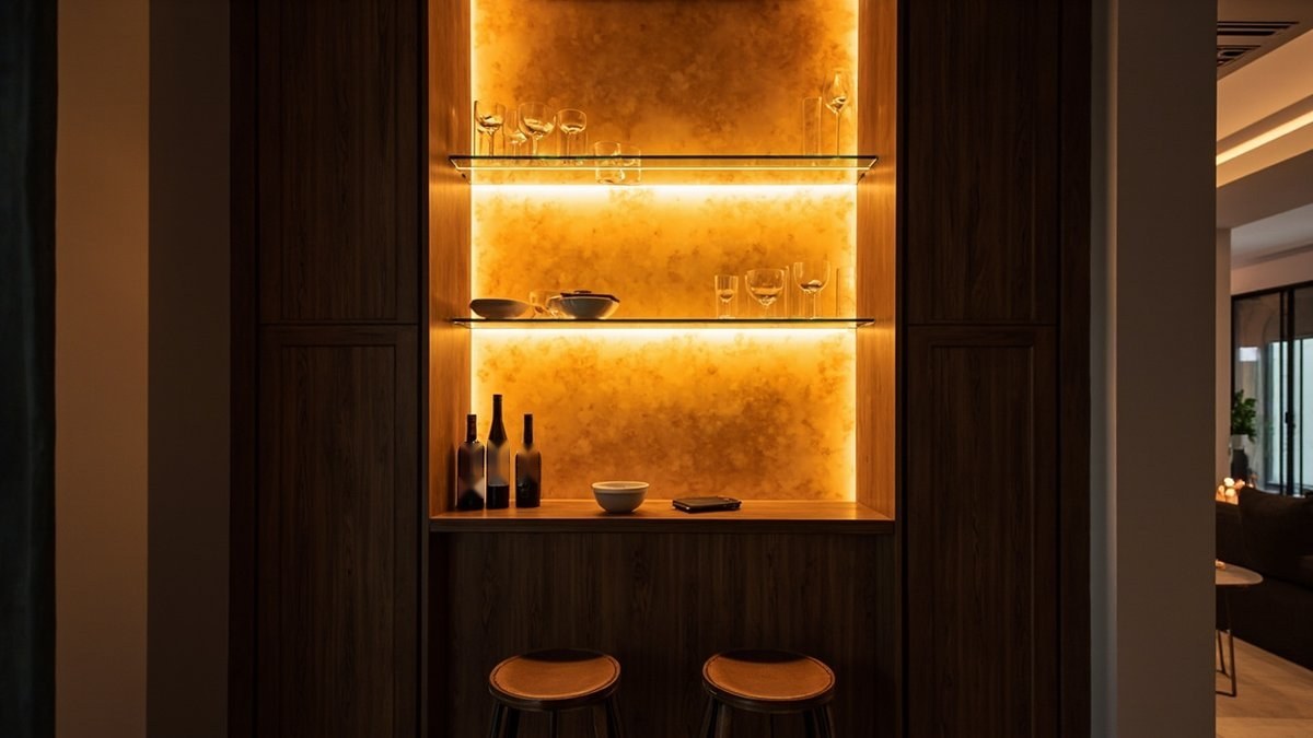 Illustrative concept design: glowing amber onyx-look panel behind glass shelves of glassware with a walnut counter and two stools