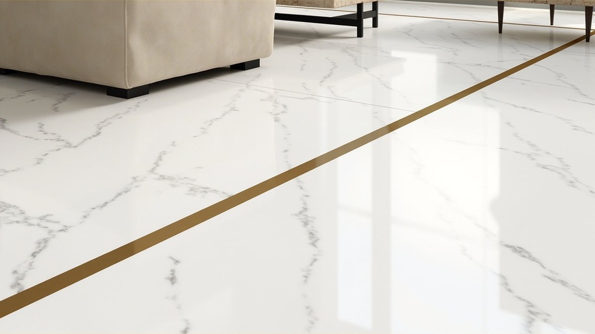 Illustrative concept design: glossy white marble-look floor tiles with a brass inlay strip beside a cream sofa
