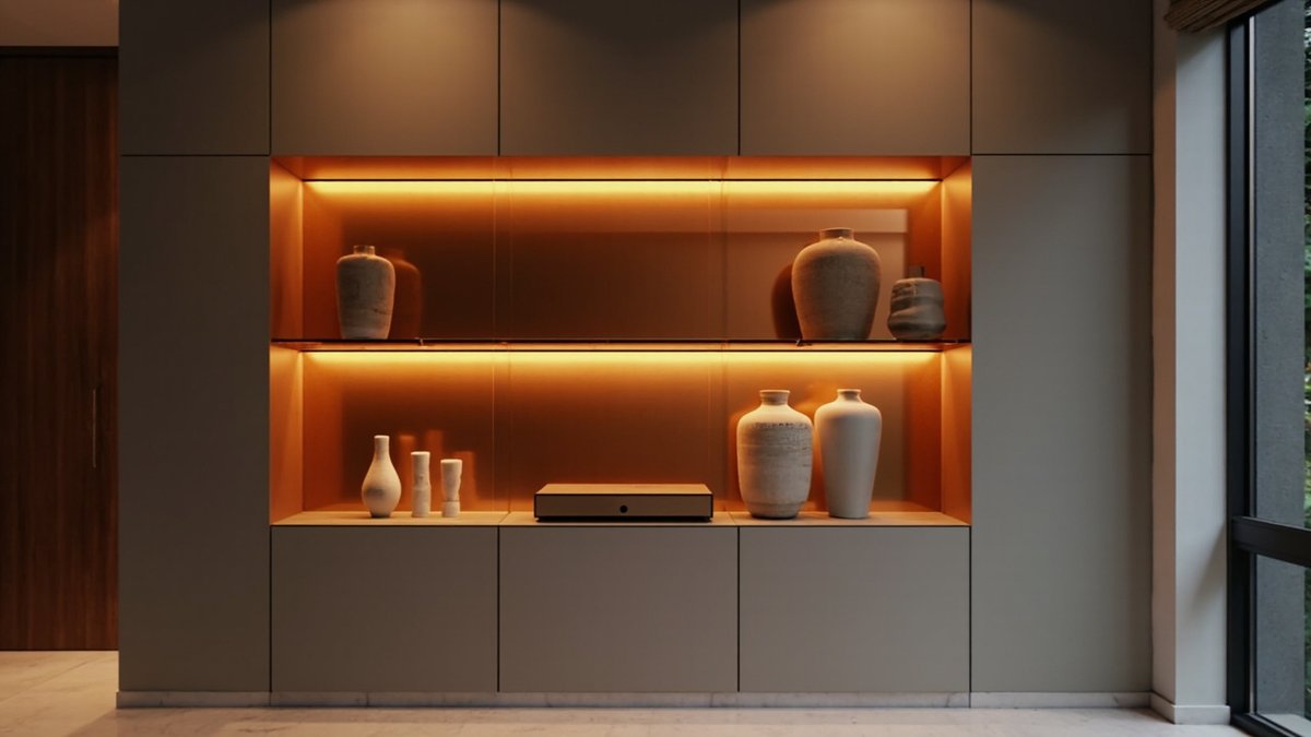 Illustrative concept design: grey cabinet wall with a glowing bronze-lined display niche of stoneware vases