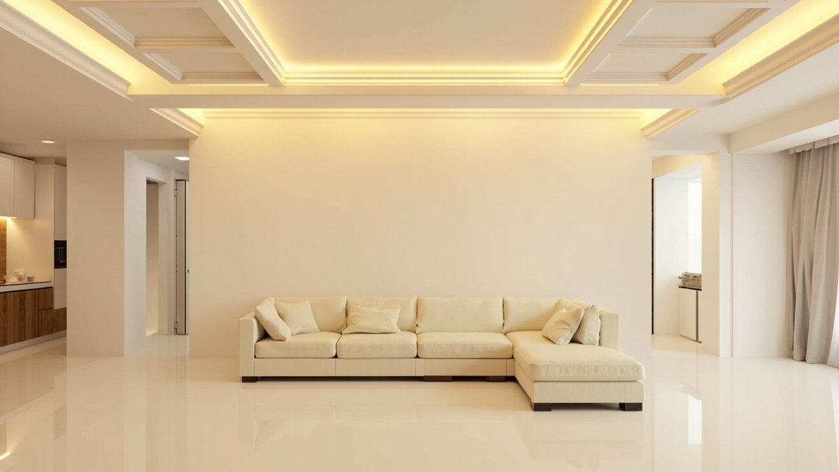 Illustrative concept design: plaster coffered ceiling with warm hidden light above a cream L-shaped sofa