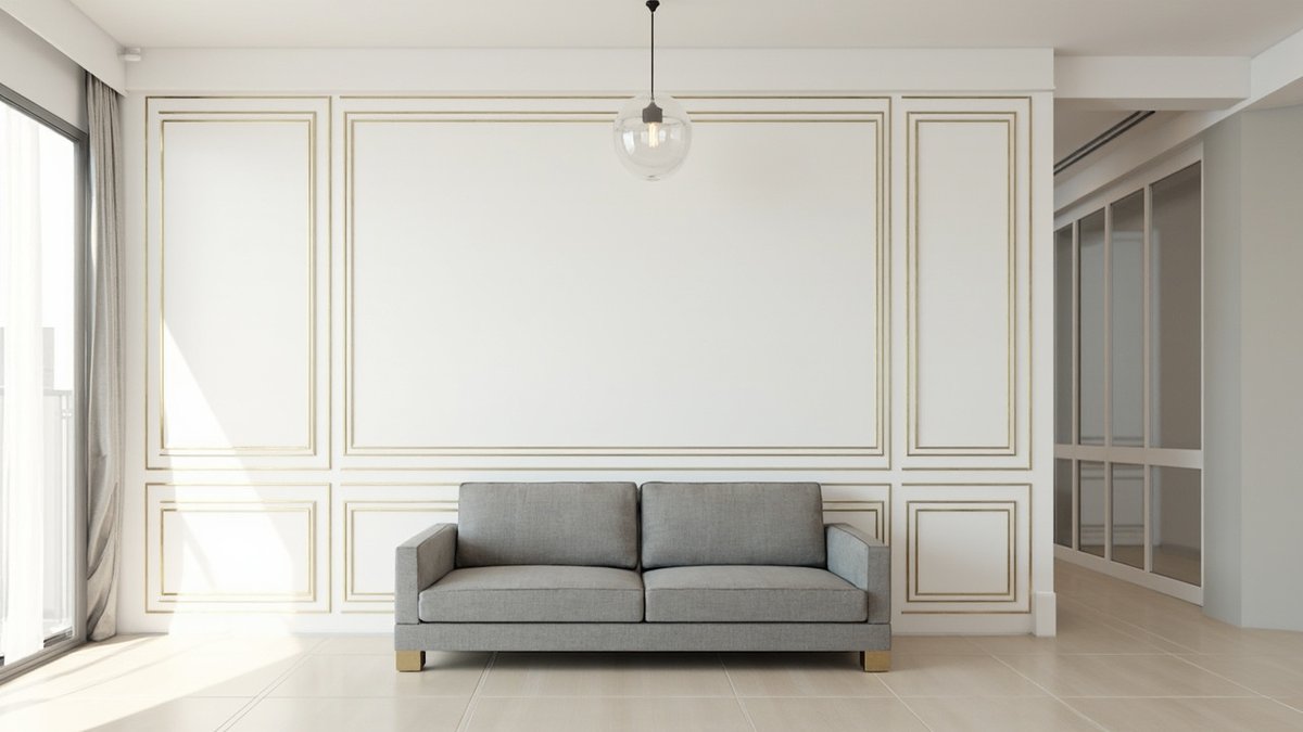 Illustrative concept design: white wall with gold-trimmed wainscoting panels behind a grey sofa and one glass globe pendant