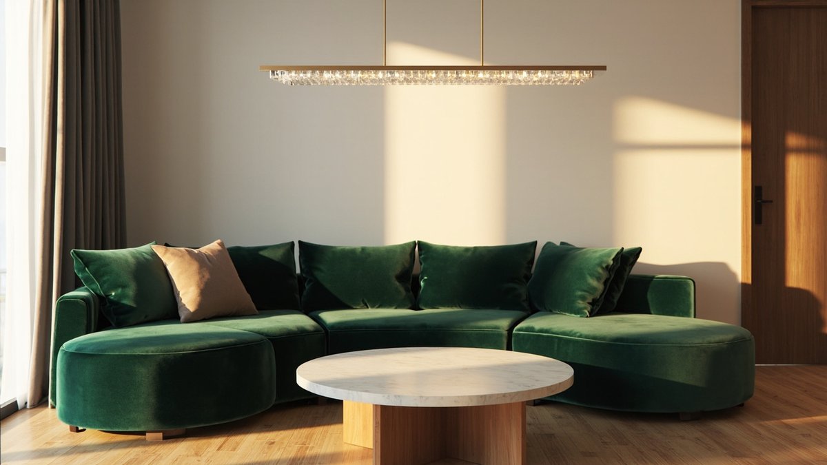 Illustrative concept design: curved deep green velvet sofa under a long linear crystal pendant with a round marble table
