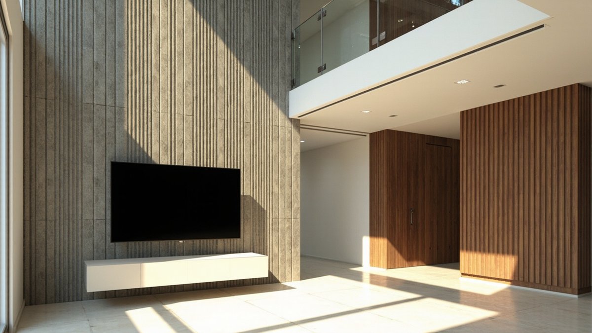 Illustrative concept design: double-height hall with a full-height fluted grey stone-look wall, wall TV and glass balustrade above