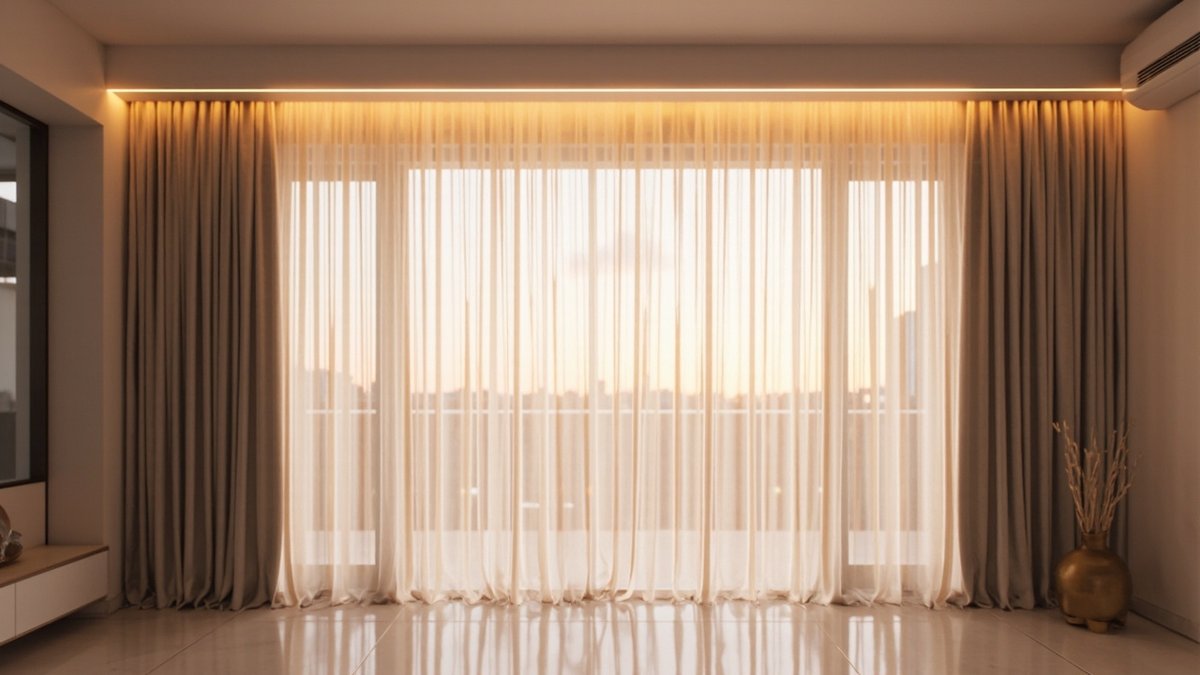Illustrative concept design: taupe and sheer floor-to-ceiling curtains washed by warm light from a ceiling pelmet