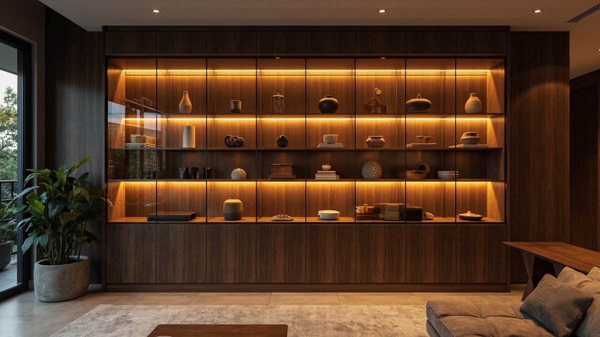 Illustrative concept design: walnut wall of glass-fronted cabinets with warm-lit shelves of ceramics and objects