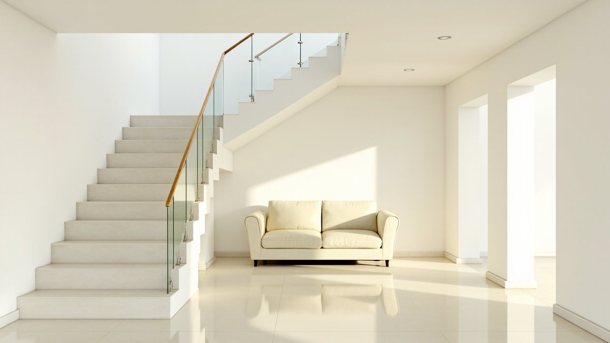 Illustrative concept design: white staircase with a frameless glass balustrade and gold-tone handrail beside a cream sofa