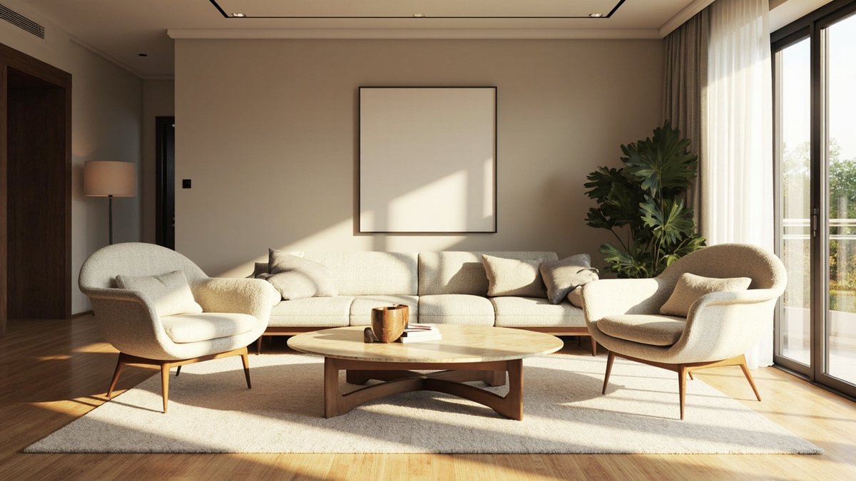 Illustrative concept design: cream boucle armchairs and sofa around an oval travertine coffee table on a pale rug