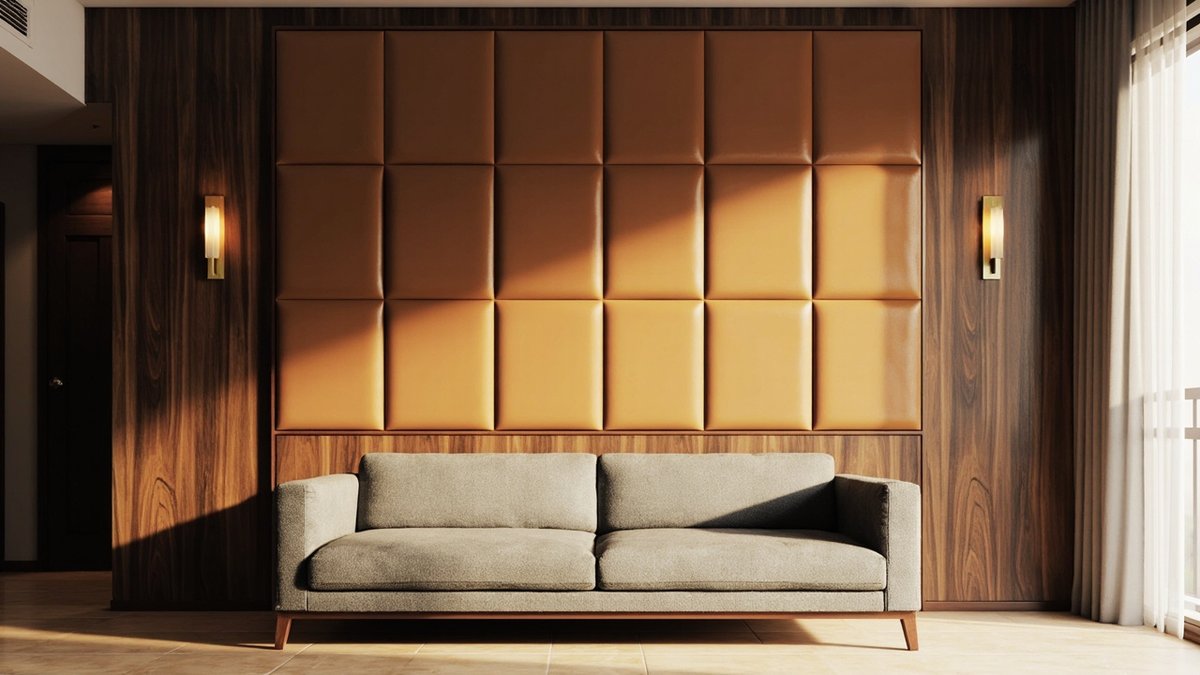 Illustrative concept design: walnut-veneer wall with a grid of tan leather-look panels and two brass wall lights above a grey sofa