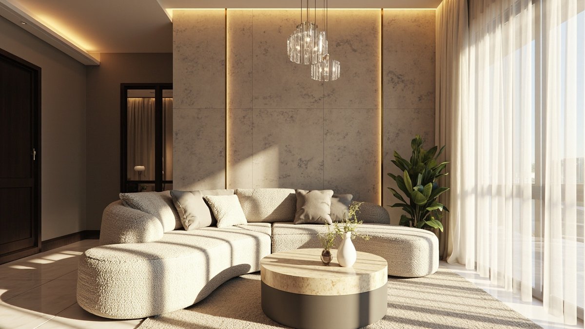 Illustrative concept design: living room with a curved cream boucle sofa, a travertine drum table, a stone-look panel wall with brass reveals and a crystal pendant cluster