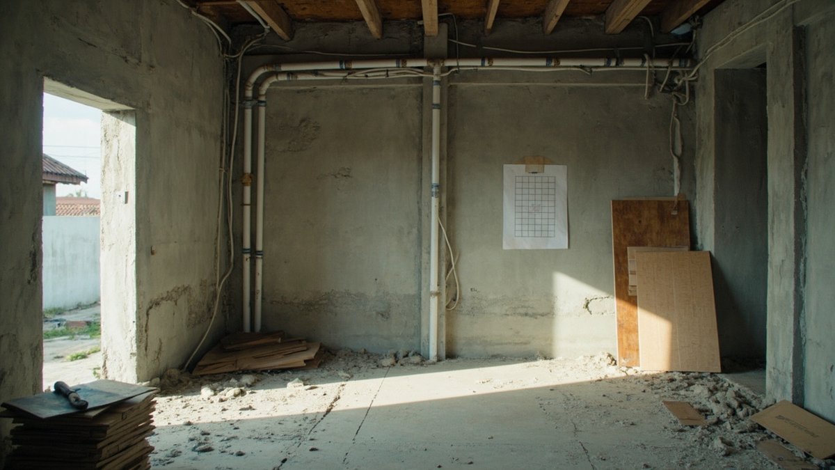 Renovation site with plumbing, tiling and carpentry work at different stages