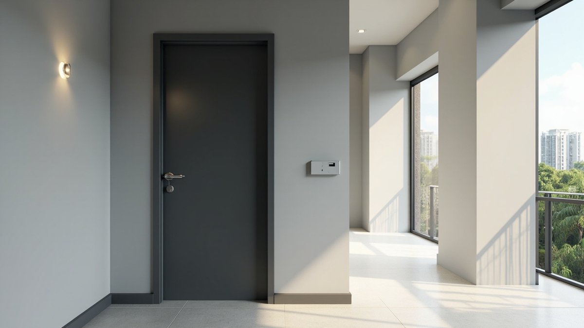 Illustrative concept design: plain charcoal steel security door with a lever handle in an apartment corridor