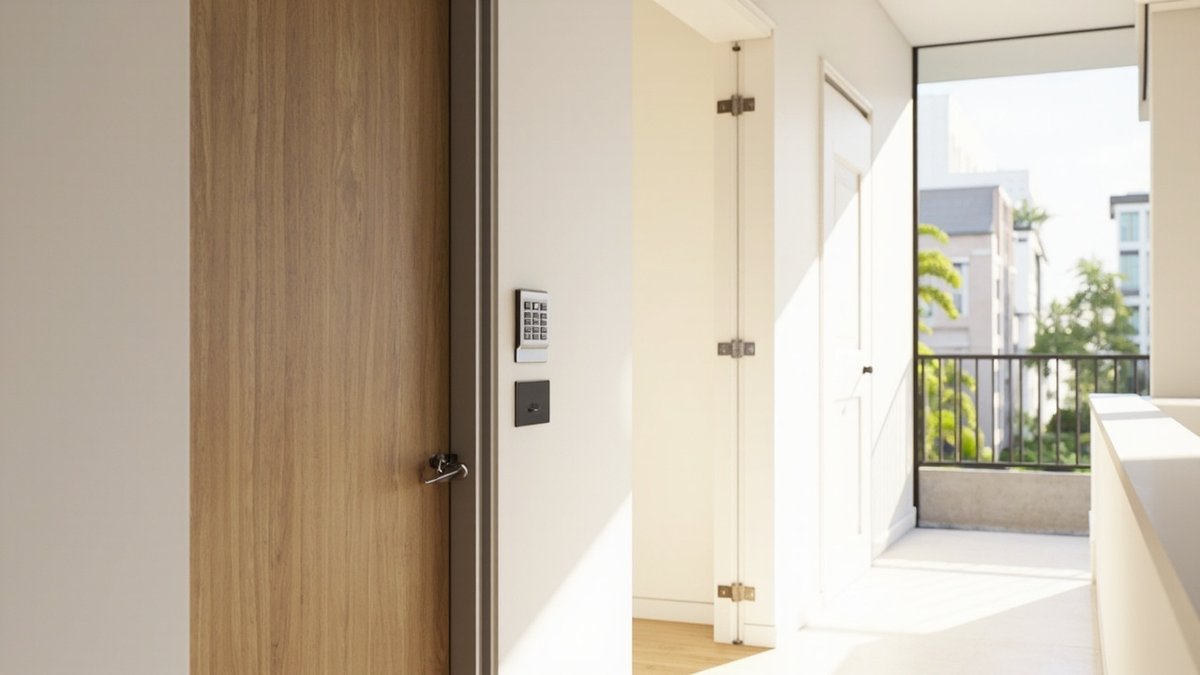 Illustrative concept design: flush oak-veneer condo unit door in a grey frame beside a wall keypad