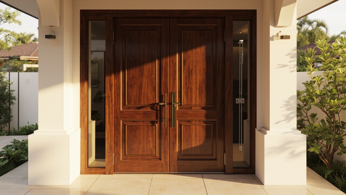 Illustrative concept design: pair of dark walnut raised-panel timber entrance doors with long brass handles