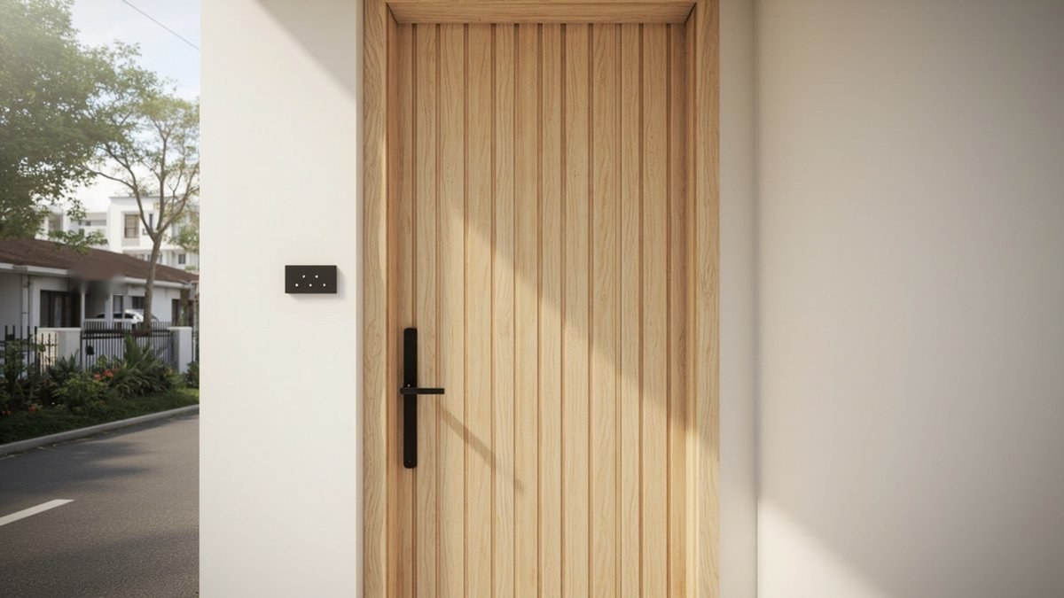 Illustrative concept design: light oak main door with closely spaced vertical grooves and a long black handle