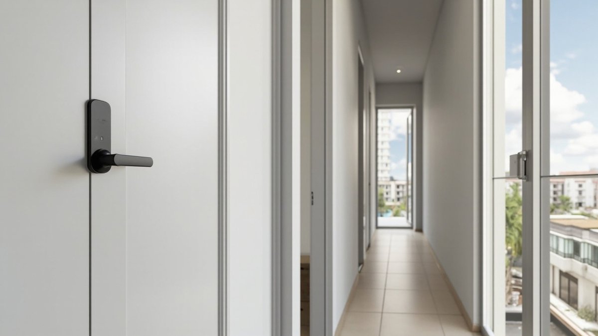 Illustrative concept design: white flush main door with a slim matt black digital lock