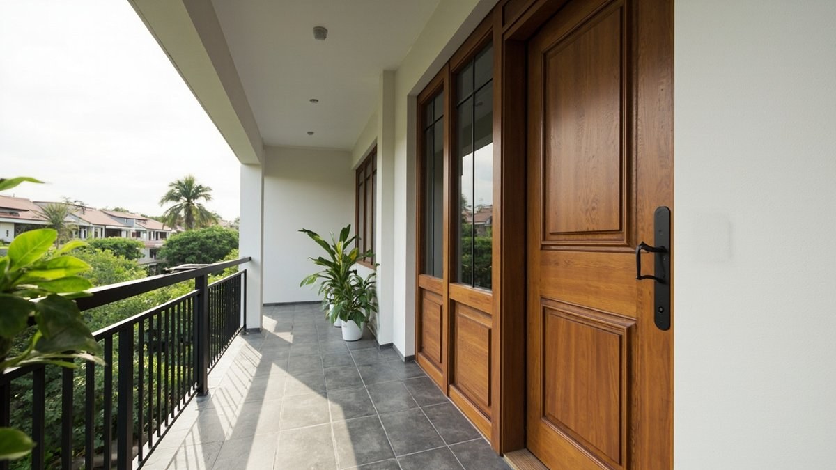 Illustrative concept design: terrace porch with a honey-stained panelled timber main door and timber-framed glass doors beside it