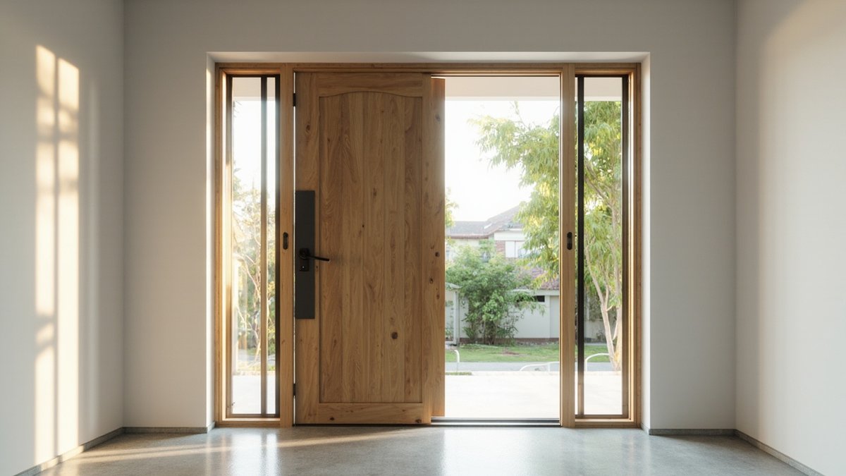 Illustrative concept design: tall oak pivot main door standing half open between narrow glass sidelights