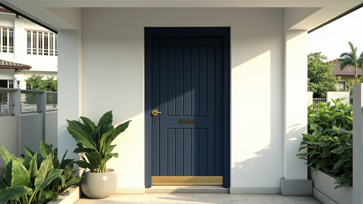 Illustrative concept design: navy blue panel main door with brass knob, letter plate and kick plate