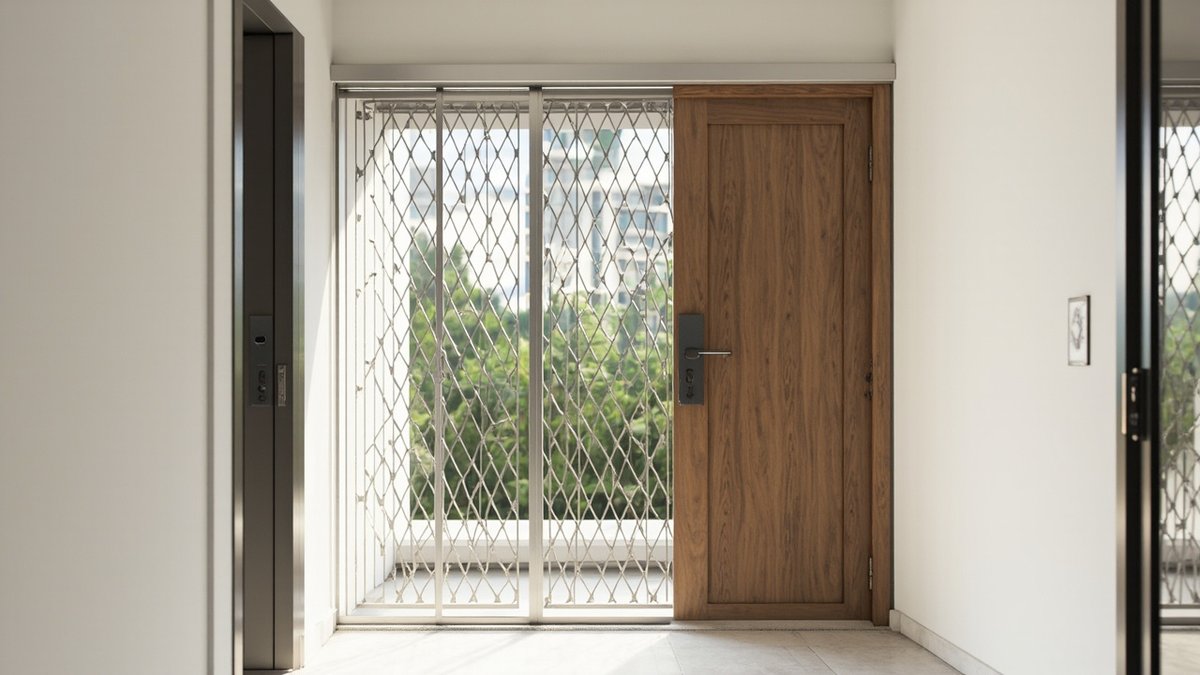 Illustrative concept design: folding diamond-lattice steel trellis panels beside a timber main door