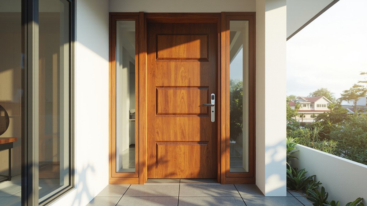 Illustrative concept design: honey-stained panelled timber main door between two narrow glass sidelights