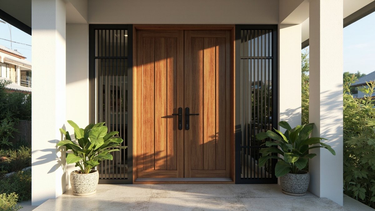 Illustrative concept design: timber double main door flanked by black steel vertical-bar grille panels