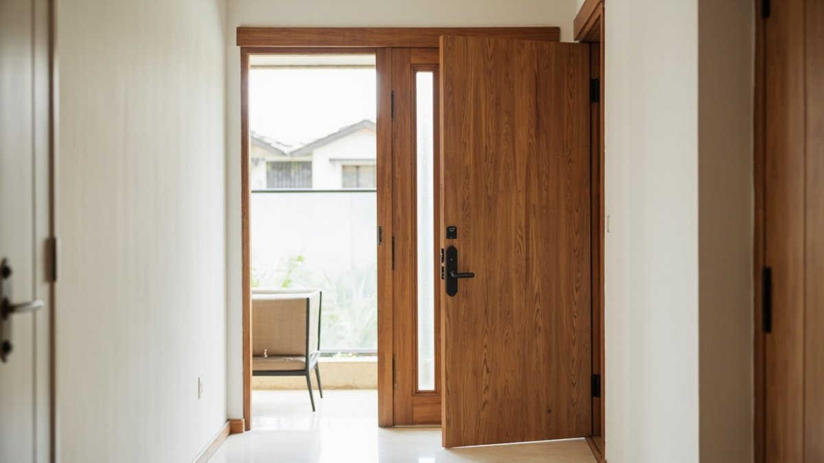 Illustrative concept design: foyer with an open timber main door beside a narrow frosted glass sidelight