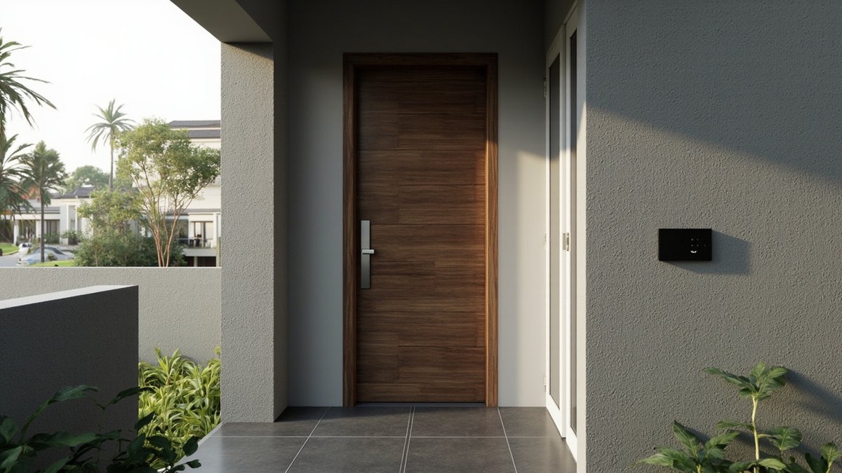 Illustrative concept design: walnut woodgrain powder-coated steel main door with a tall handle