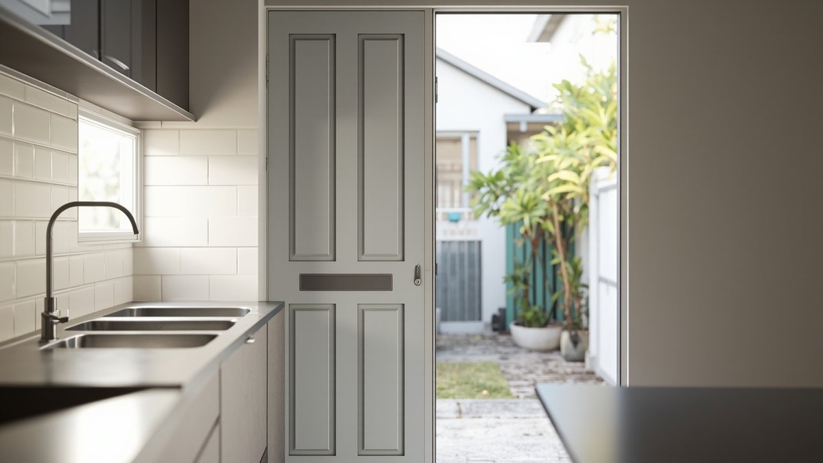Illustrative concept design: light grey moulded back door opening from a wet kitchen to a back yard