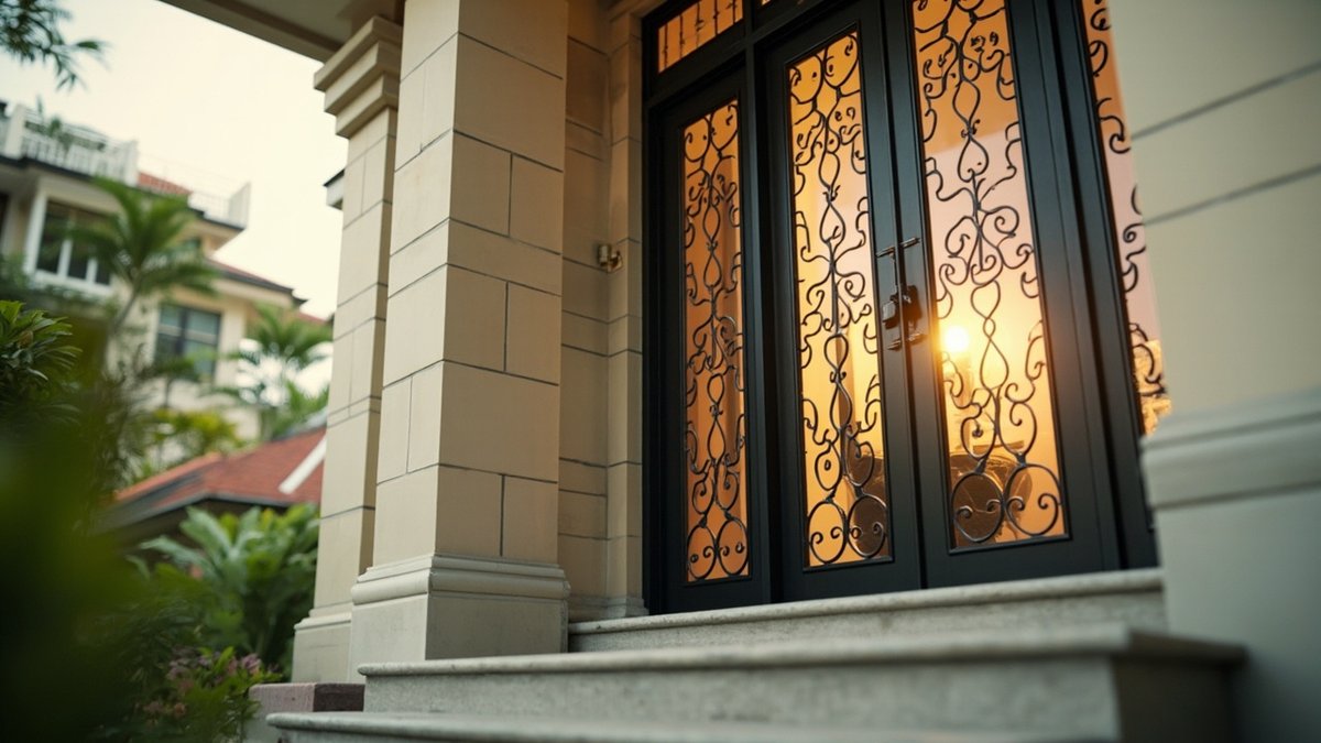 Illustrative concept design: tall black wrought iron double doors with scroll work over glowing glass
