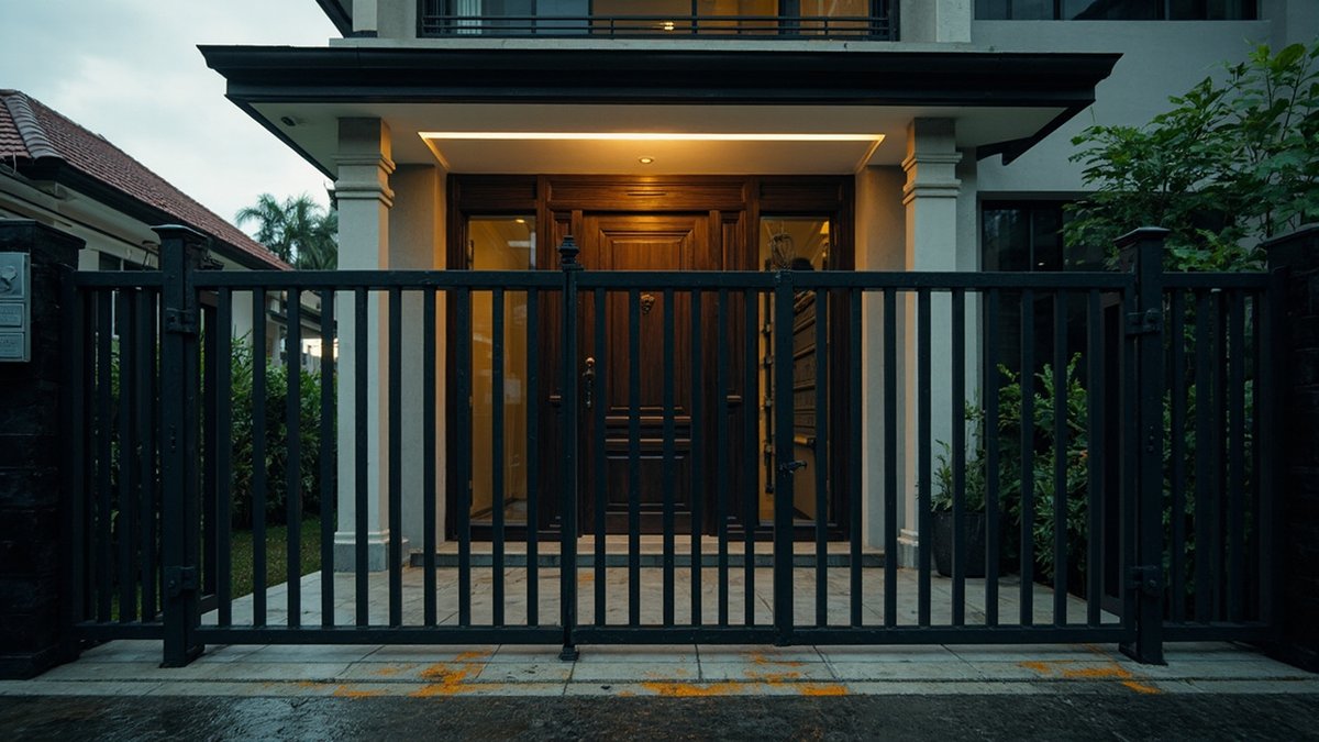 New link house with a sagging swing gate scraping the porch tiles and rust at a grille weld