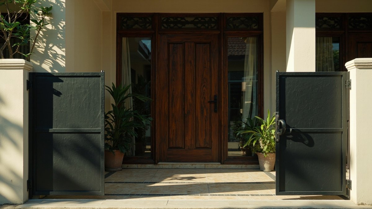 Pintu utama kayu solid di belakang pagar grill besi yang terbuka di pintu masuk rumah teres