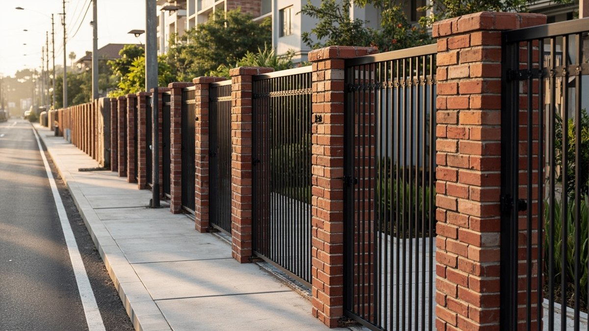Illustrative concept design: long front fence of red brick pillars with black bar grille panels along a residential road