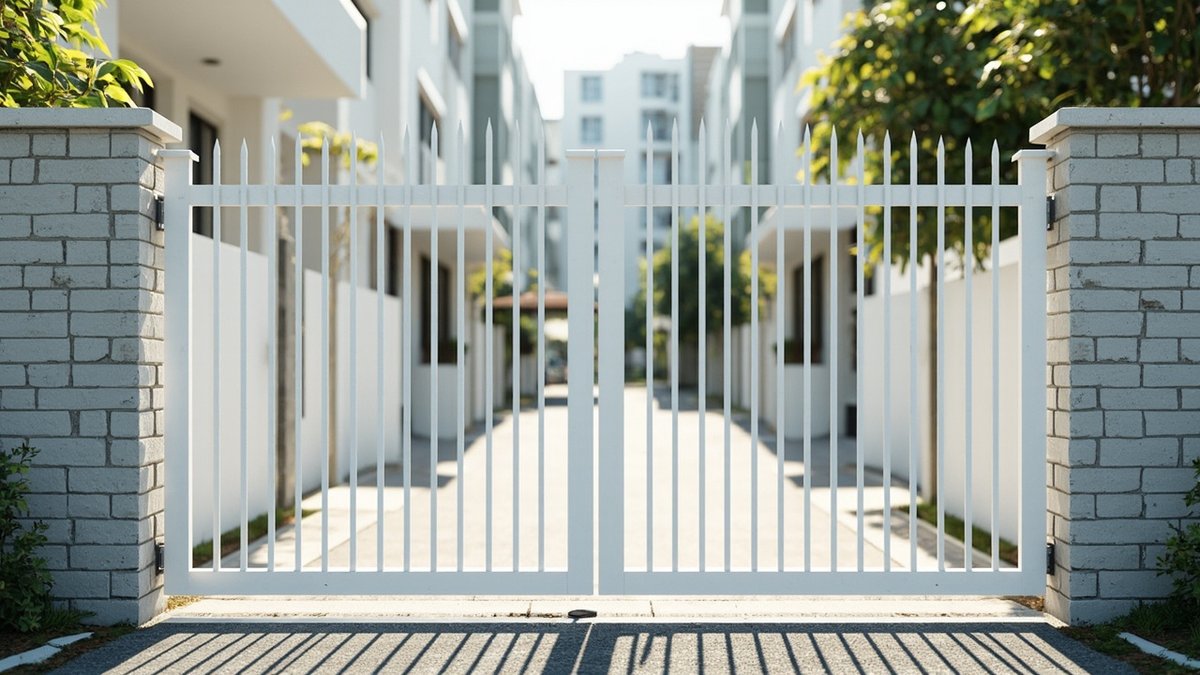 Illustrative concept design: white spear-top vertical bar double gate between grey brick pillars, empty paved drive behind