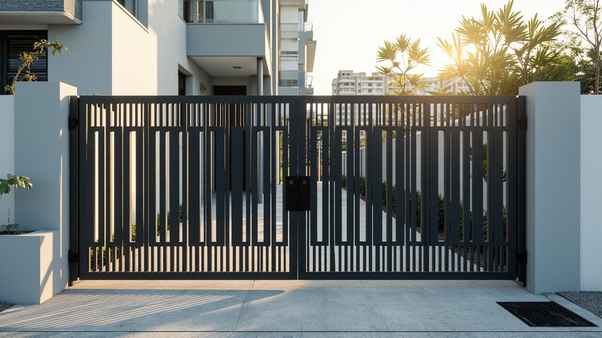 Illustrative concept design: matte black laser-cut gate with staggered slots between light grey pillars in low sun