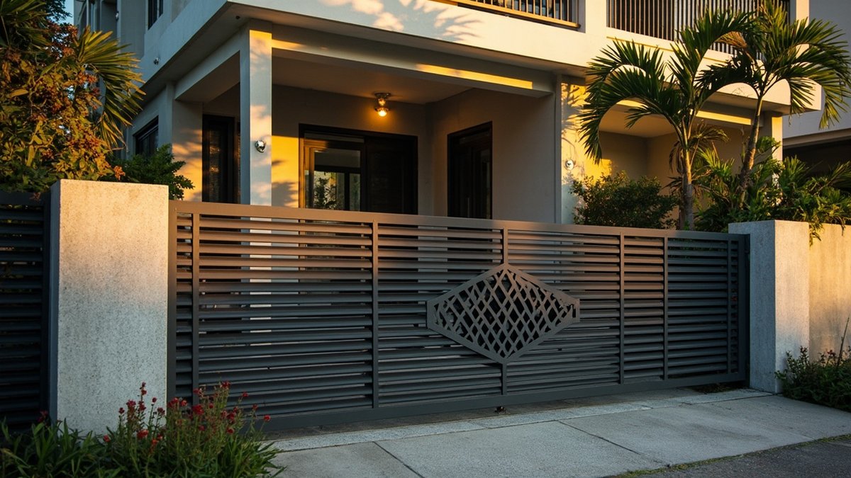 Horizontal slat sliding main gate beside a laser-cut pedestrian gate at a modern terrace house